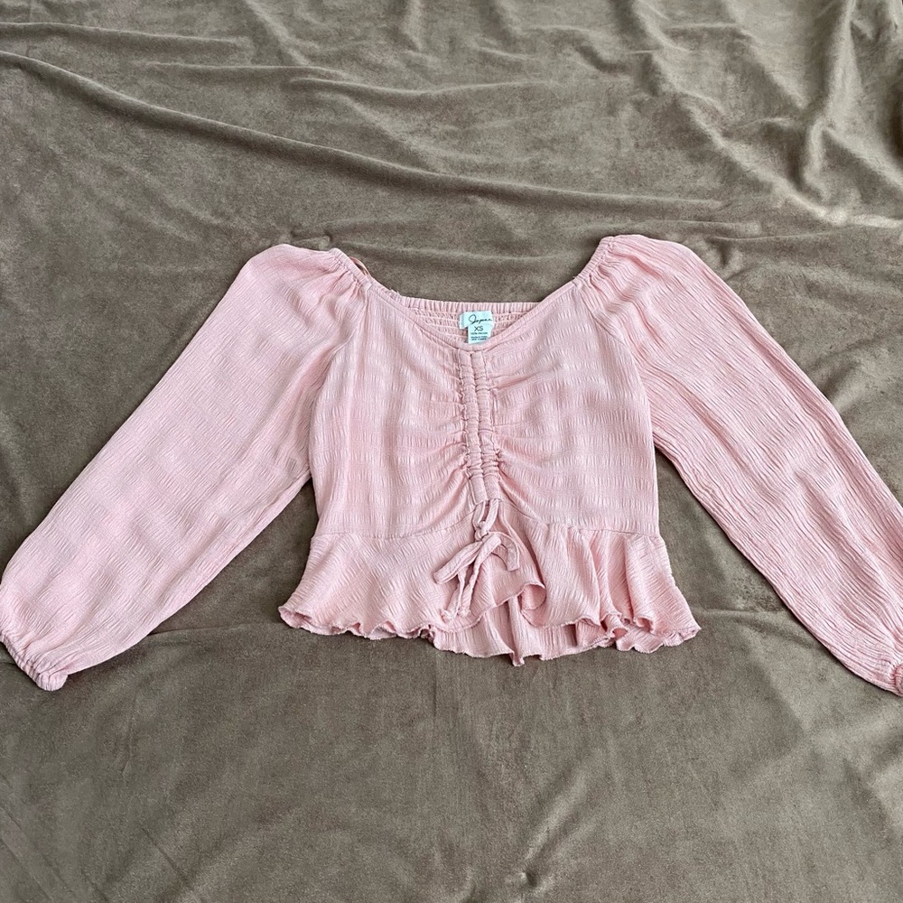Jopra Blouse size XS in Pink with ruched front tie to adjust to crop top.